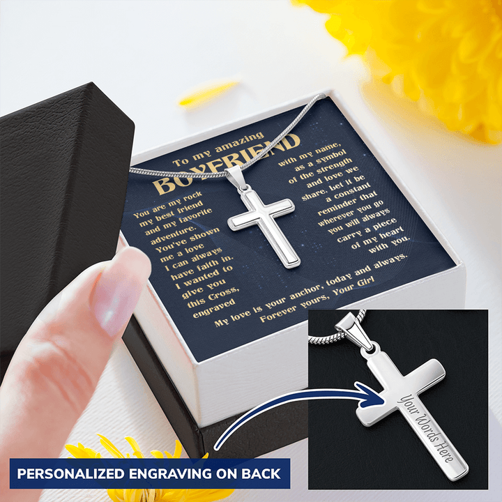 To My Boyfriend - Engraved Cross Necklace with Snake Chain - The Love Sparkle