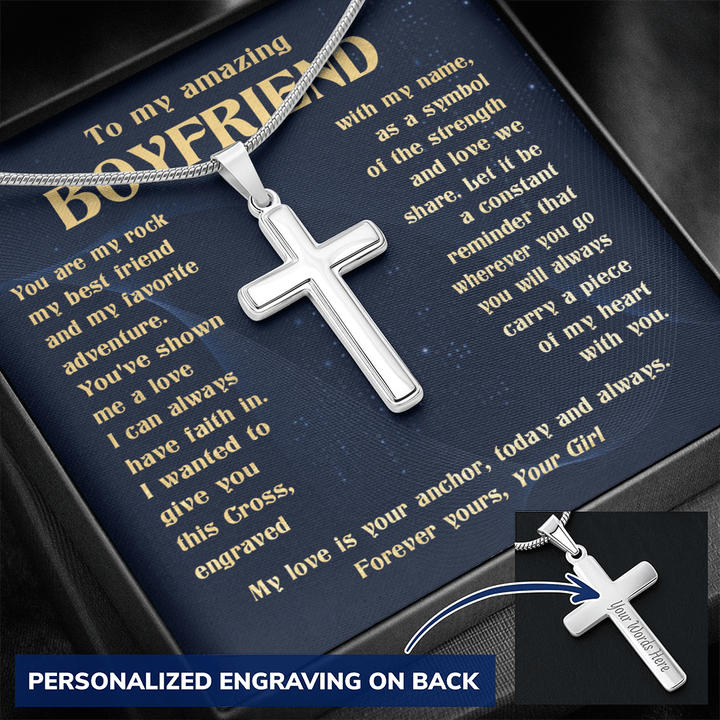To My Boyfriend - Engraved Cross Necklace with Snake Chain - The Love Sparkle