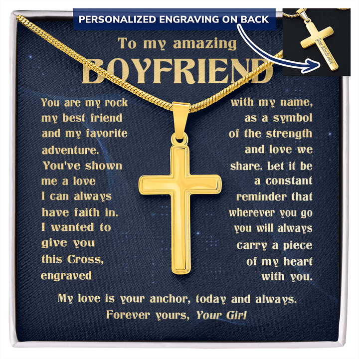 To My Boyfriend - Engraved Cross Necklace with Snake Chain - The Love Sparkle