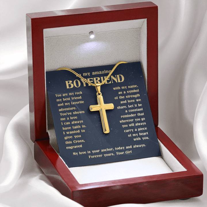 To My Boyfriend - Engraved Cross Necklace with Snake Chain - The Love Sparkle