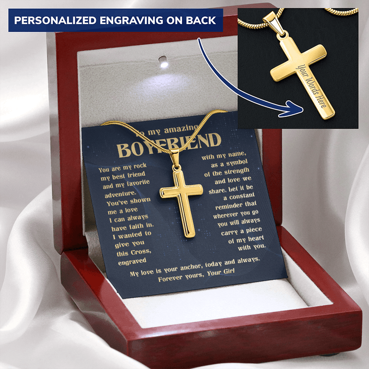 To My Boyfriend - Engraved Cross Necklace with Snake Chain - The Love Sparkle