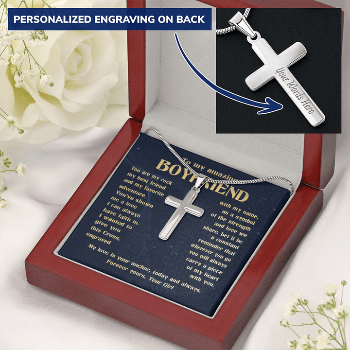 To My Boyfriend - Engraved Cross Necklace with Snake Chain - The Love Sparkle