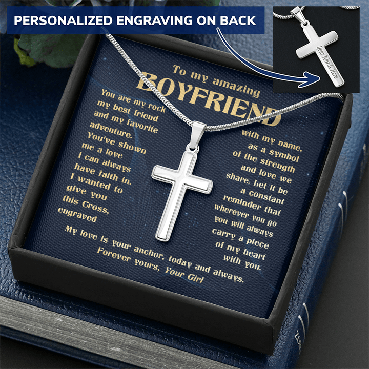 To My Boyfriend - Engraved Cross Necklace with Snake Chain - The Love Sparkle