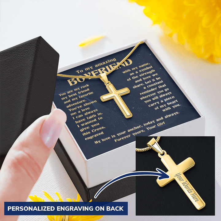 To My Boyfriend - Engraved Cross Necklace with Snake Chain - The Love Sparkle