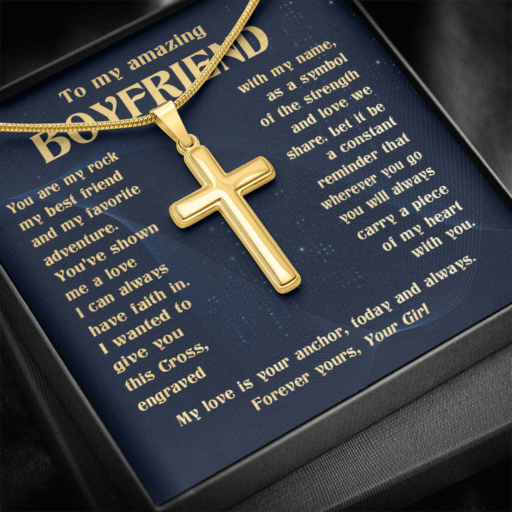 To My Boyfriend - Engraved Cross Necklace with Snake Chain - The Love Sparkle