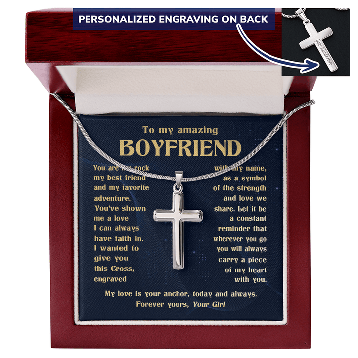 To My Boyfriend - Engraved Cross Necklace with Snake Chain - The Love Sparkle