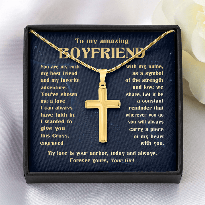To My Boyfriend - Engraved Cross Necklace with Snake Chain - The Love Sparkle