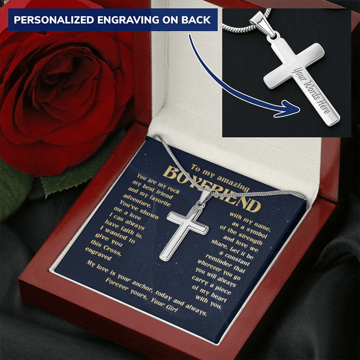 To My Boyfriend - Engraved Cross Necklace with Snake Chain - The Love Sparkle