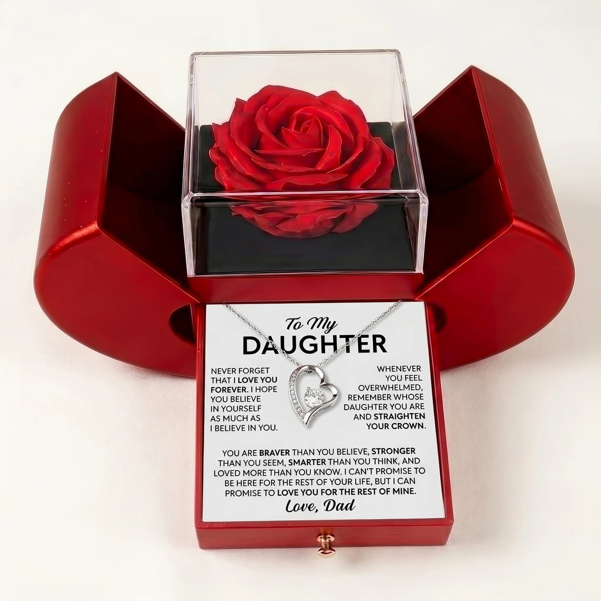 "To My Daughter, Love Dad" Forever Love Heart Necklace with Red Rose Box – Meaningful Gift from Dad for Birthday, Graduation & Any Occasion - The Love Sparkle