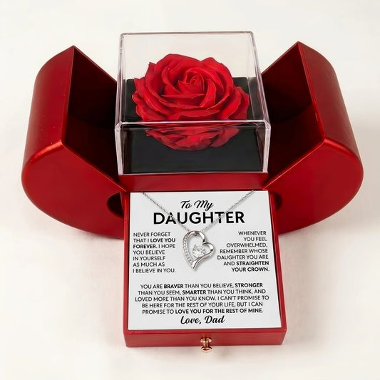 "To My Daughter, Love Dad" Forever Love Heart Necklace with Red Rose Box – Meaningful Gift from Dad for Birthday, Graduation & Any Occasion - The Love Sparkle