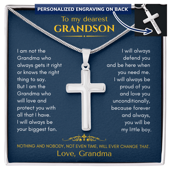 To My Dearest Grandson Cross Necklace - "I Am The Grandma Who Will Love & Protect You" Gift - The Love Sparkle