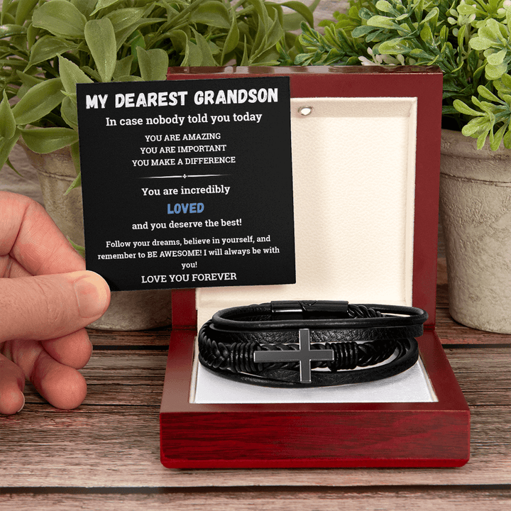 To My Dearest Grandson - Men's Cross Bracelet - always believe in himself. - The Love Sparkle