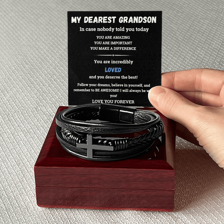 To My Dearest Grandson - Men's Cross Bracelet - always believe in himself. - The Love Sparkle