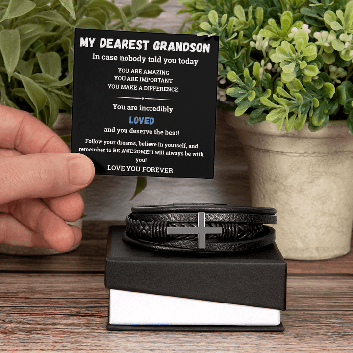 To My Dearest Grandson - Men's Cross Bracelet - always believe in himself. - The Love Sparkle