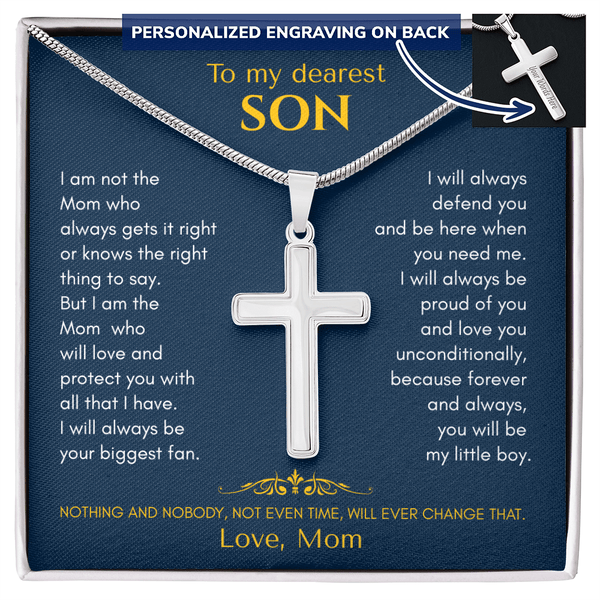 To My Dearest Son Cross Necklace - "I Am The Mom Who Will Love & Protect You" Gift - The Love Sparkle