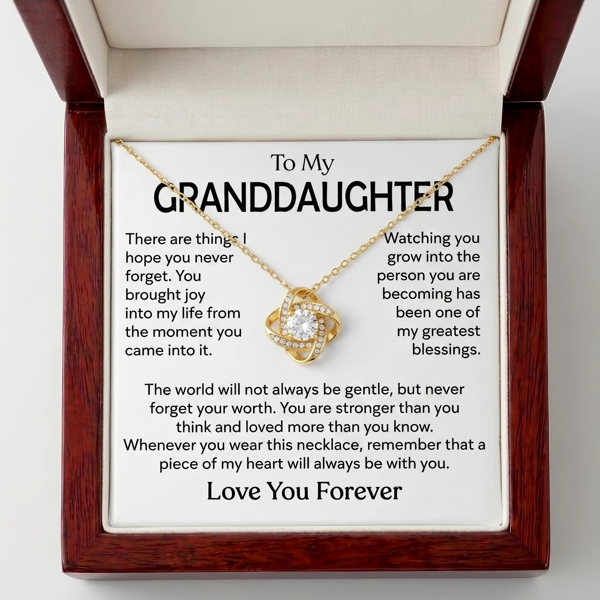 "To My Granddaughter, a Piece of My Heart Goes With You" Love Knot Necklace – Meaningful Keepsake Gift - The Love Sparkle