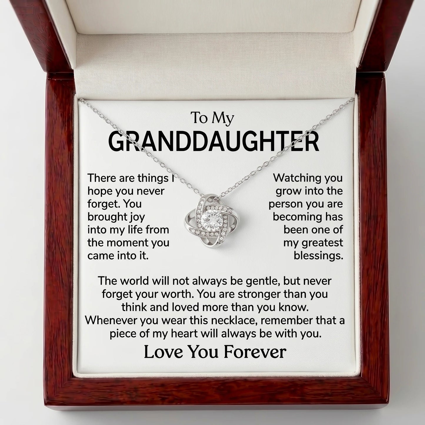 "To My Granddaughter, a Piece of My Heart Goes With You" Love Knot Necklace – Meaningful Keepsake Gift - The Love Sparkle