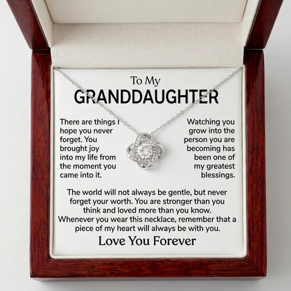 "To My Granddaughter, a Piece of My Heart Goes With You" Love Knot Necklace – Meaningful Keepsake Gift - The Love Sparkle