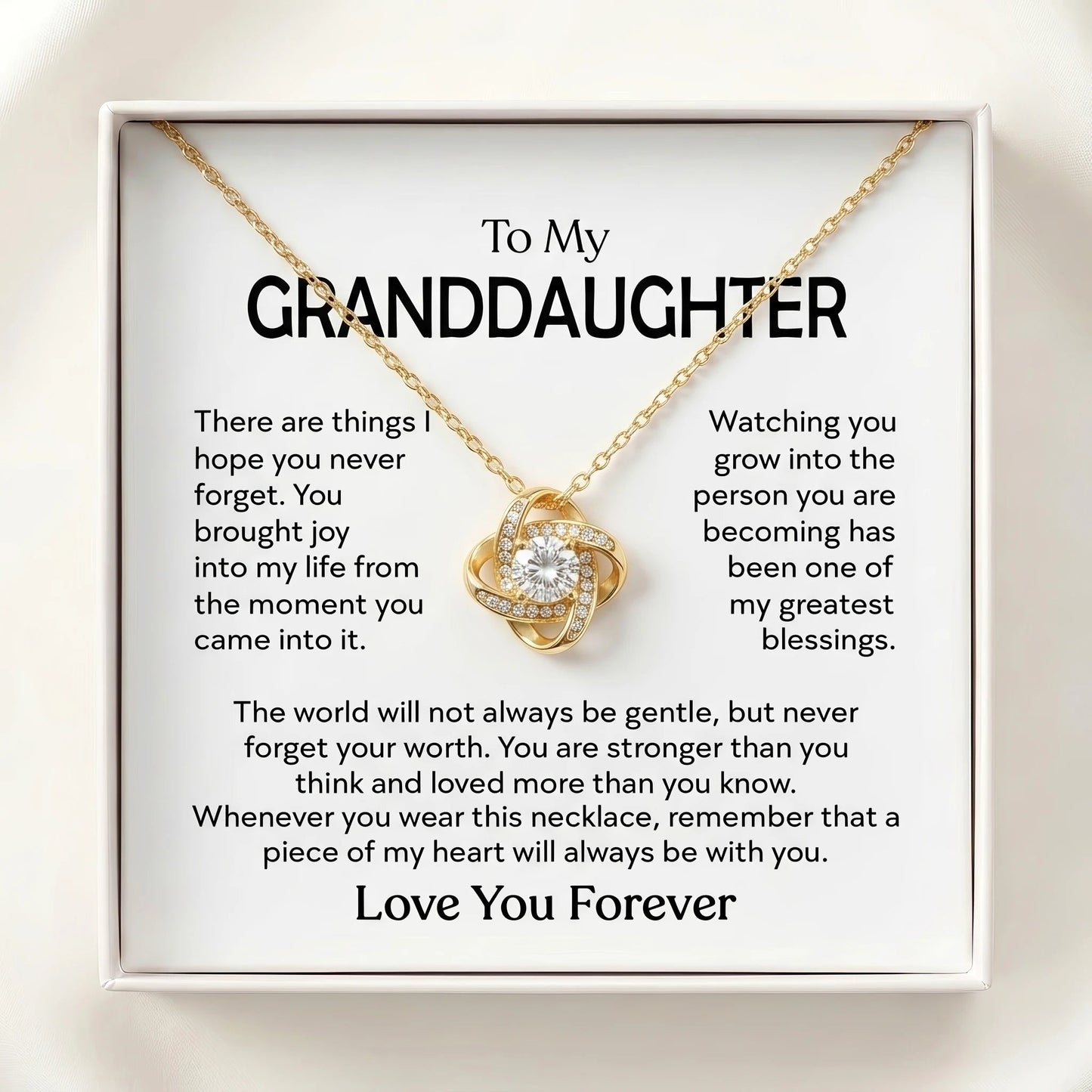 "To My Granddaughter, a Piece of My Heart Goes With You" Love Knot Necklace – Meaningful Keepsake Gift - The Love Sparkle