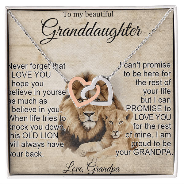 To My Granddaughter - Interlocking Heart Necklace - "This Old Lion Has Your Back" - The Love Sparkle