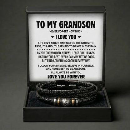 To My Grandson Leather Bracelet - Meaningful Birthday Or Graduation Gift - The Love Sparkle