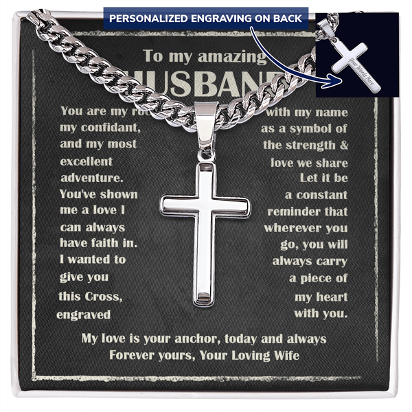 To My Husband - Engraved Cross Necklace with Cuban Link Chain - The Love Sparkle