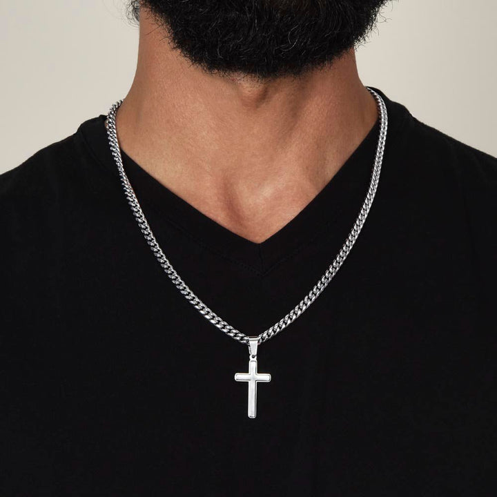 To My Husband - Engraved Cross Necklace with Cuban Link Chain - The Love Sparkle