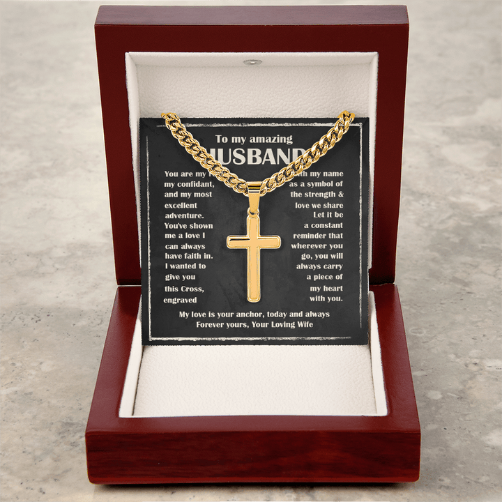 To My Husband - Engraved Cross Necklace with Cuban Link Chain - The Love Sparkle