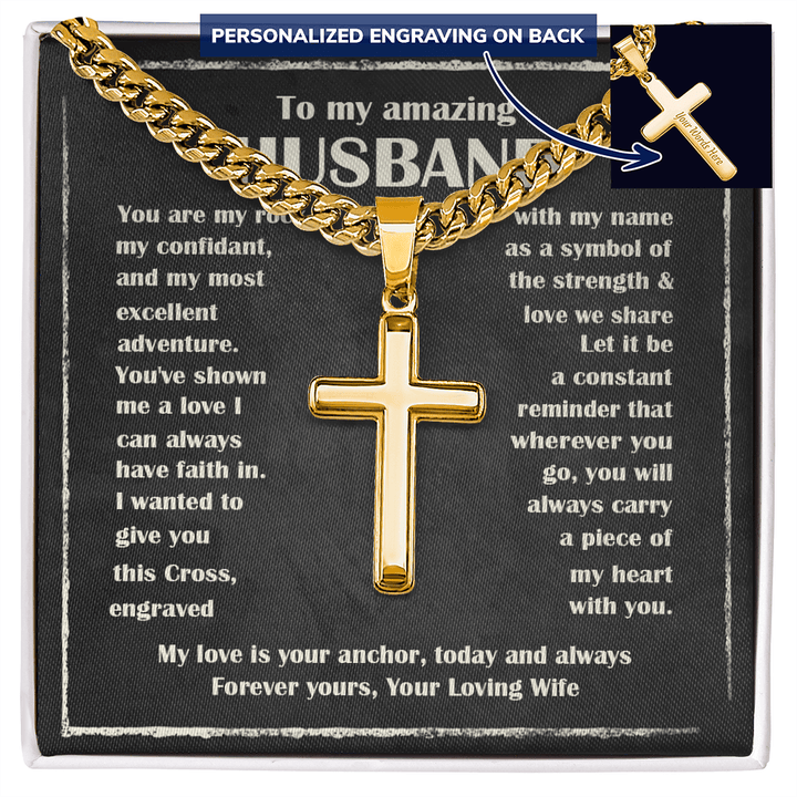 To My Husband - Engraved Cross Necklace with Cuban Link Chain - The Love Sparkle