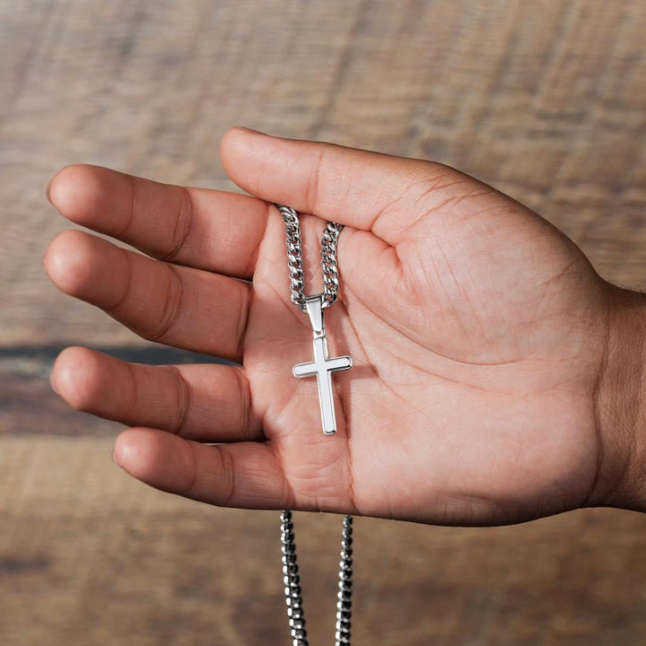 To My Husband - Engraved Cross Necklace with Cuban Link Chain - The Love Sparkle