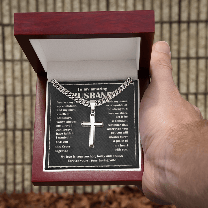 To My Husband - Engraved Cross Necklace with Cuban Link Chain - The Love Sparkle