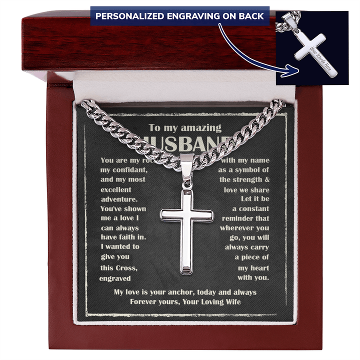 To My Husband - Engraved Cross Necklace with Cuban Link Chain - The Love Sparkle