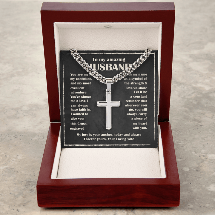 To My Husband - Engraved Cross Necklace with Cuban Link Chain - The Love Sparkle