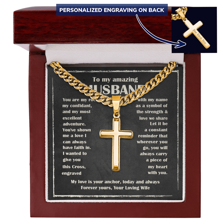 To My Husband - Engraved Cross Necklace with Cuban Link Chain - The Love Sparkle