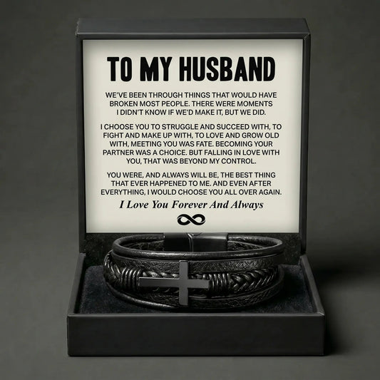 To My Husband "We Did It" Leather Cross Bracelet - Romantic Anniversary Gift - The Love Sparkle