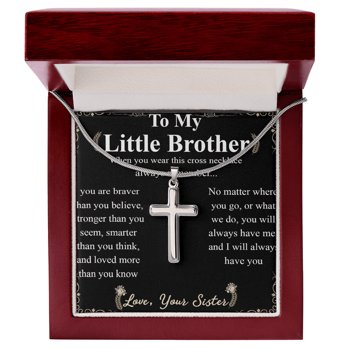 To My Little Brother - Artisan Cross Necklace with Snake Chain - "Braver Than You Believe" - The Love Sparkle