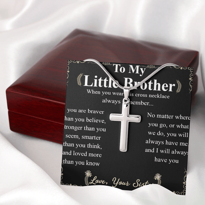 To My Little Brother - Artisan Cross Necklace with Snake Chain - "Braver Than You Believe" - The Love Sparkle