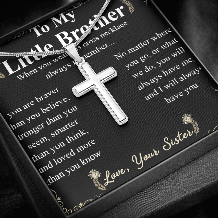 To My Little Brother - Artisan Cross Necklace with Snake Chain - "Braver Than You Believe" - The Love Sparkle