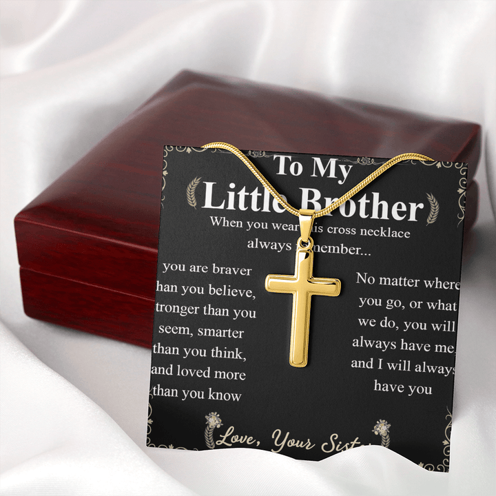 To My Little Brother - Artisan Cross Necklace with Snake Chain - "Braver Than You Believe" - The Love Sparkle