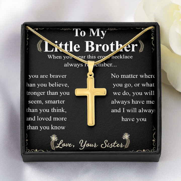 To My Little Brother - Artisan Cross Necklace with Snake Chain - "Braver Than You Believe" - The Love Sparkle