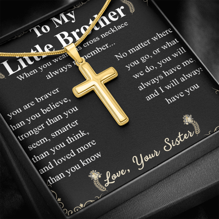 To My Little Brother - Artisan Cross Necklace with Snake Chain - "Braver Than You Believe" - The Love Sparkle