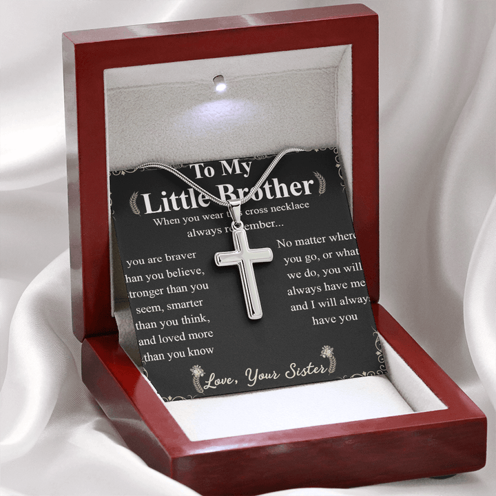 To My Little Brother - Artisan Cross Necklace with Snake Chain - "Braver Than You Believe" - The Love Sparkle