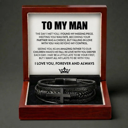To My Man "All My Lasts" Leather Cross Bracelet - Meaningful Anniversary Gift - The Love Sparkle