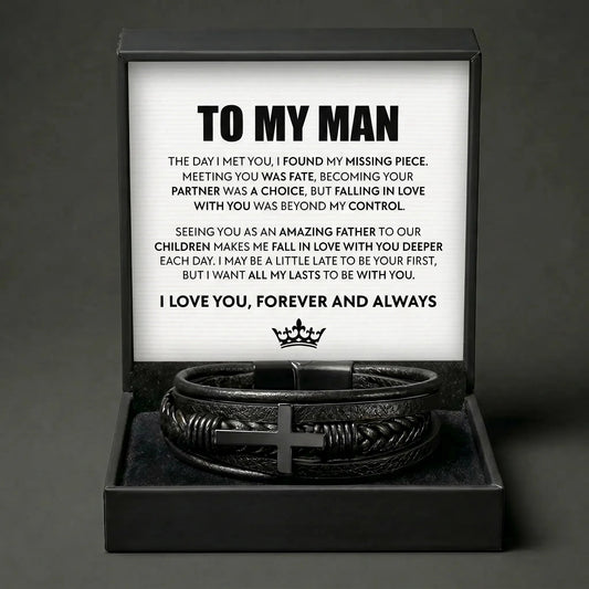 To My Man "All My Lasts" Leather Cross Bracelet - Meaningful Anniversary Gift - The Love Sparkle