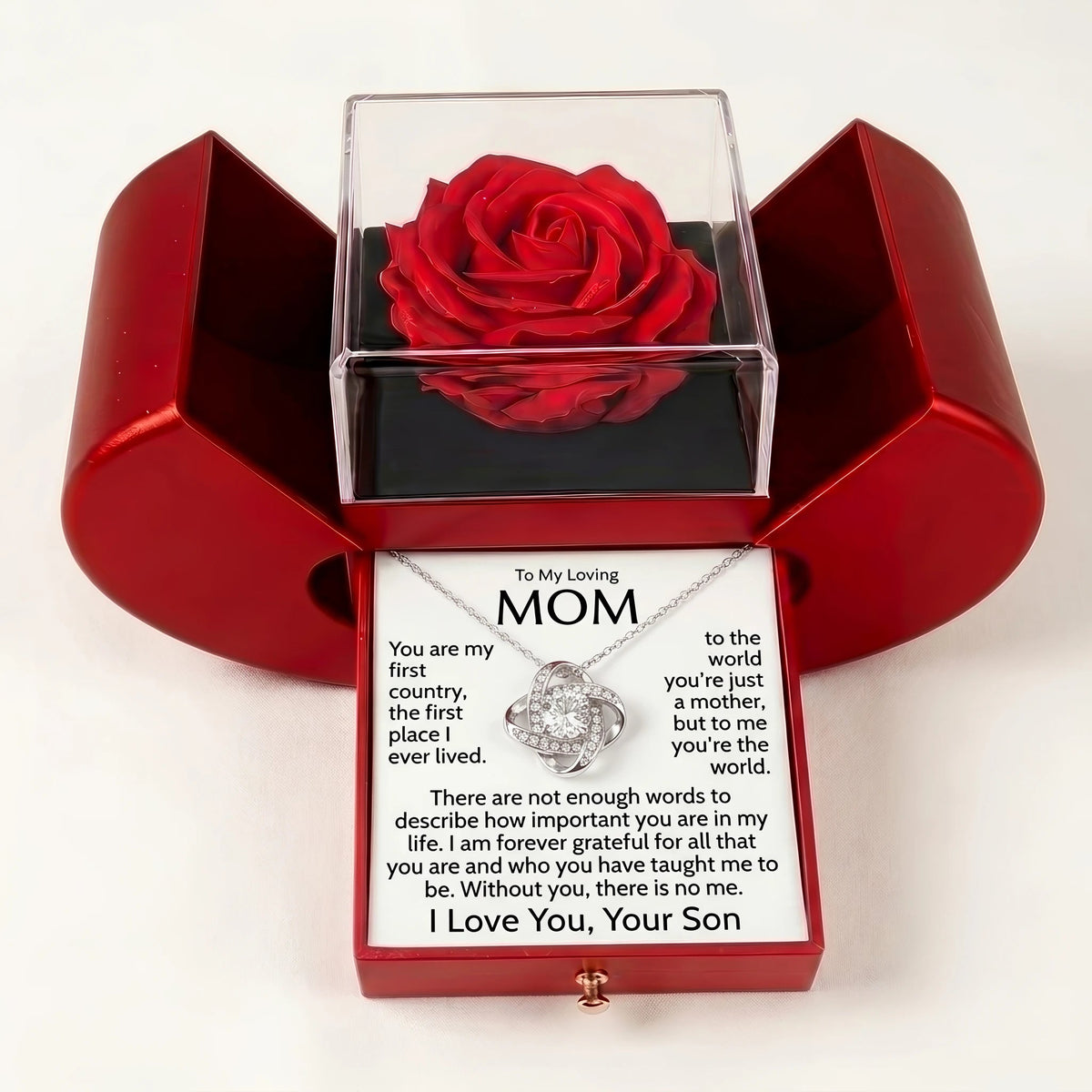 "To My Mom, You Are My Whole World" Love Knot Necklace with Red Rose Box – Gift from Son for Birthday, Mother's Day & Any Occasion - The Love Sparkle