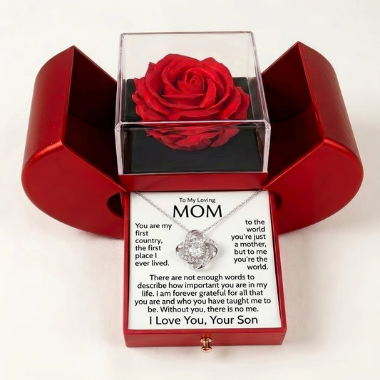 "To My Mom, You Are My Whole World" Love Knot Necklace with Red Rose Box – Gift from Son for Birthday, Mother's Day & Any Occasion - The Love Sparkle