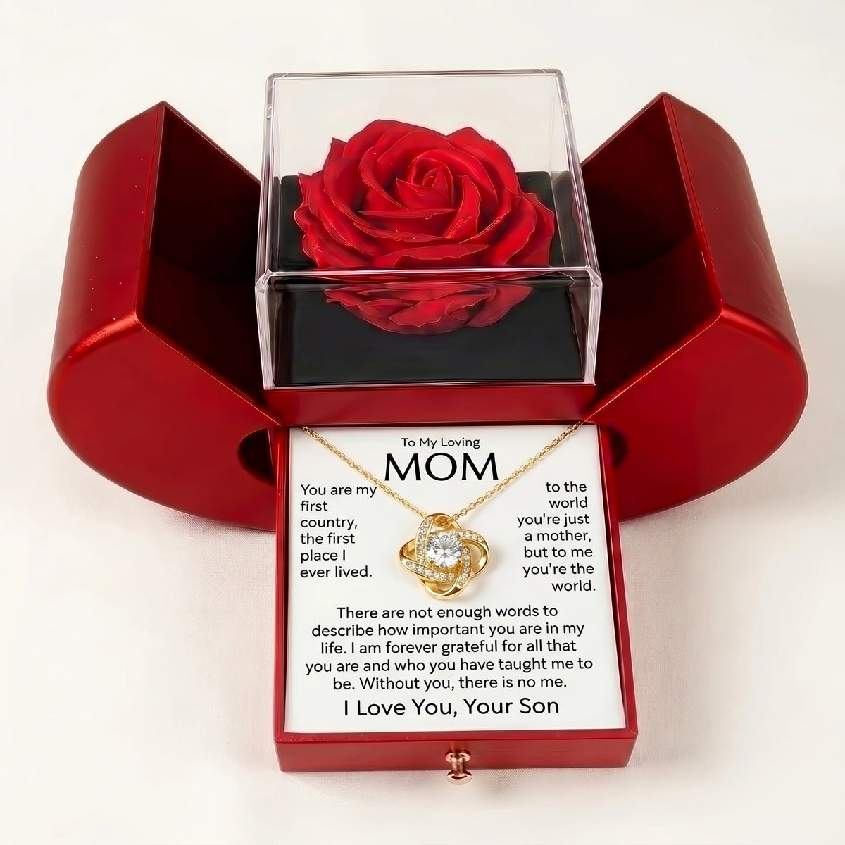 "To My Mom, You Are My Whole World" Love Knot Necklace with Red Rose Box – Gift from Son for Birthday, Mother's Day & Any Occasion - The Love Sparkle