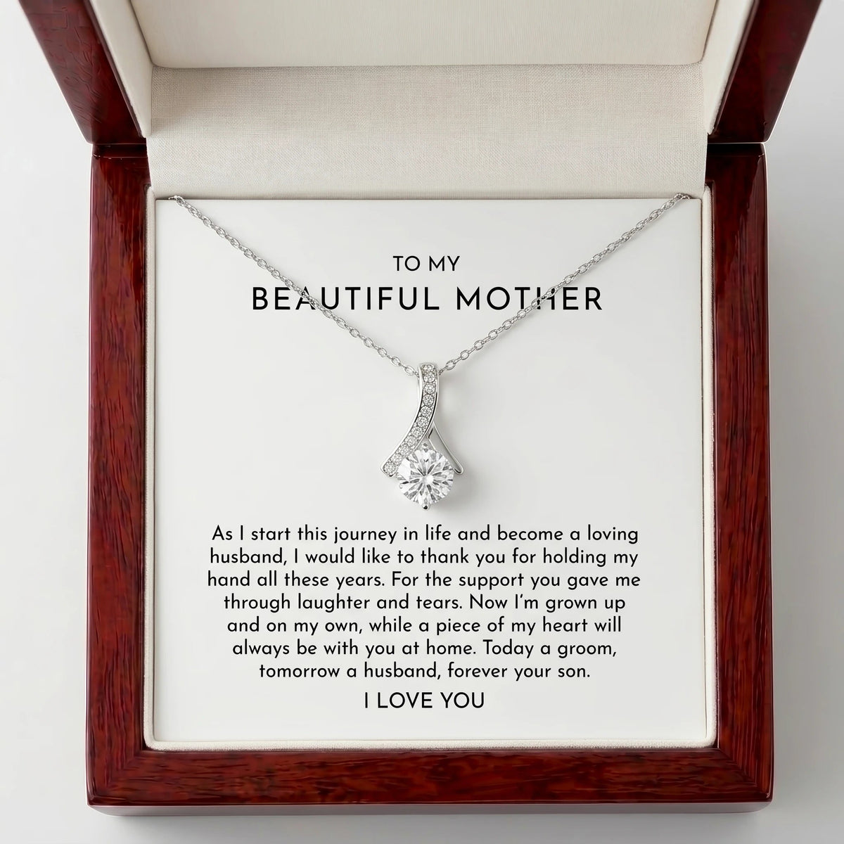 "To My Mother On My Wedding Day, Forever Your Son" Alluring Beauty Necklace – Heartfelt Gift from Son - The Love Sparkle