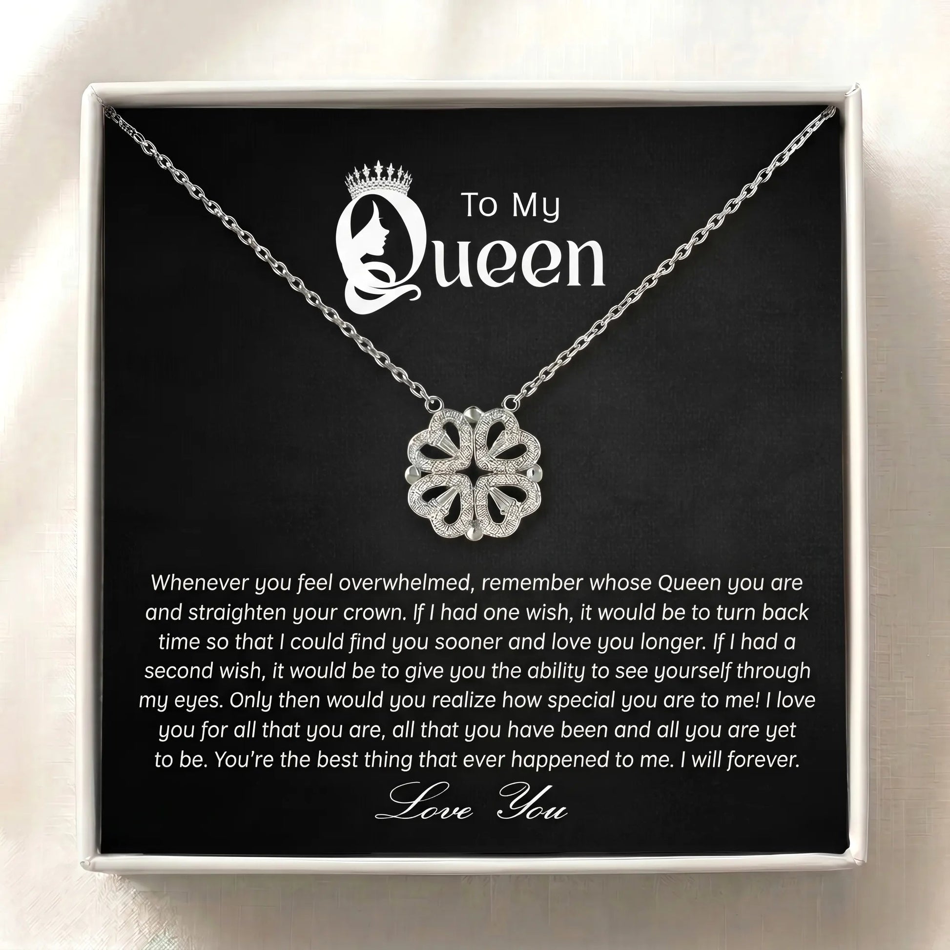 To My Queen - Magnetic Hearts Four - Leaf Clover Necklace - Meaningful Gift for Wife or Girlfriend - The Love Sparkle