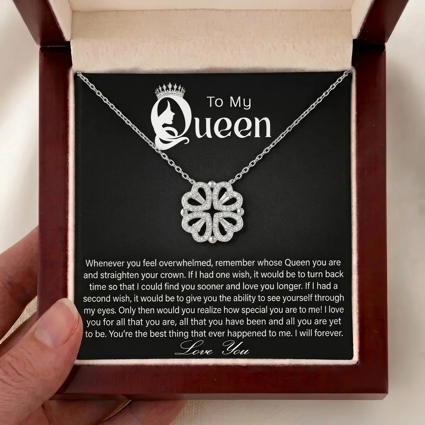 To My Queen - Magnetic Hearts Four - Leaf Clover Necklace - Meaningful Gift for Wife or Girlfriend - The Love Sparkle